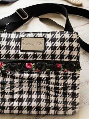 Betsey Johnson Black & White Gingham Crossbody with Rose Floral Ruffle